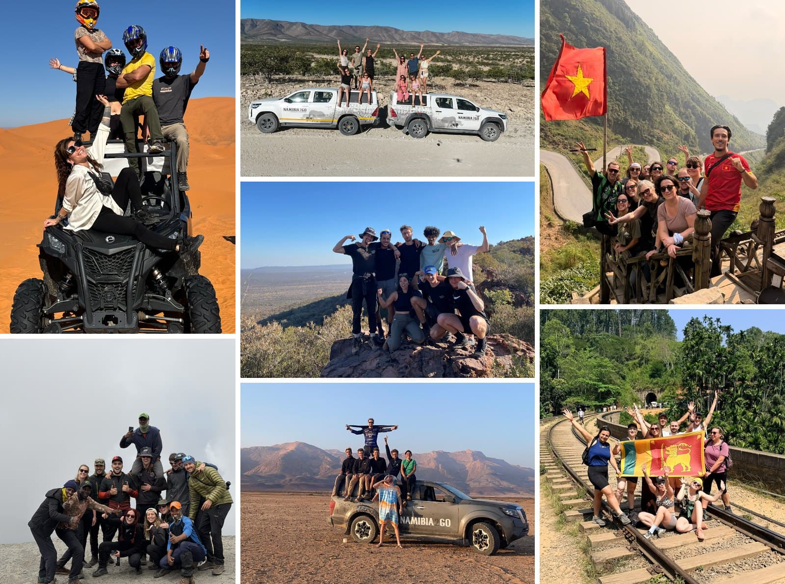 Sept photos de groupes GroupTrippers : buggy dans les dunes, 4x4 en Namibie, sommet face à la savane, drapeau du Vietnam en montagne, drapeau du Sri Lanka sur une voie ferrée, sommet dans les nuages