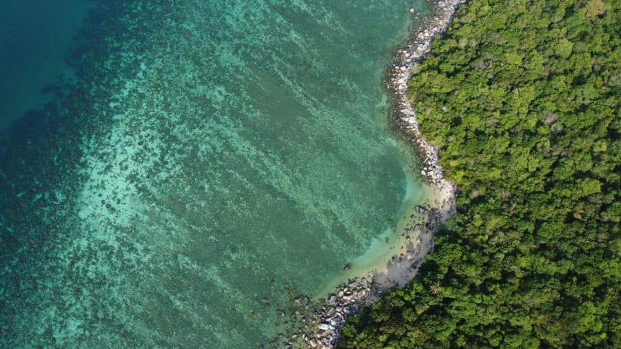 Vue du ciel d’une crique entre forêt et lagon