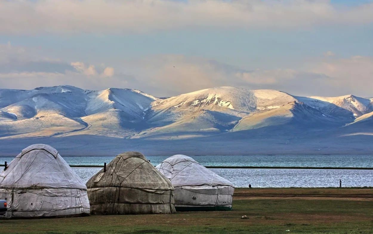 Les yourtes au bord du lac Song-Köl, devant les montagnes enneigées