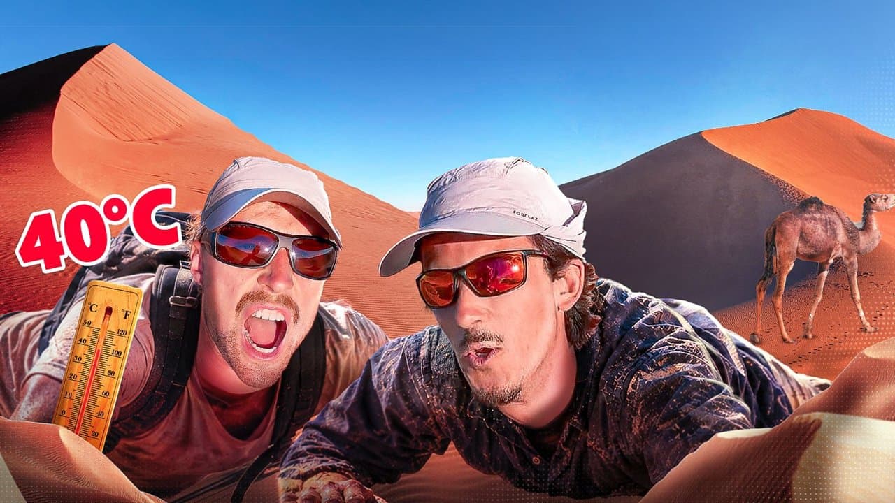 Guillaume et Teddy rampant dans les dunes rouges du Namib, à 40 °C